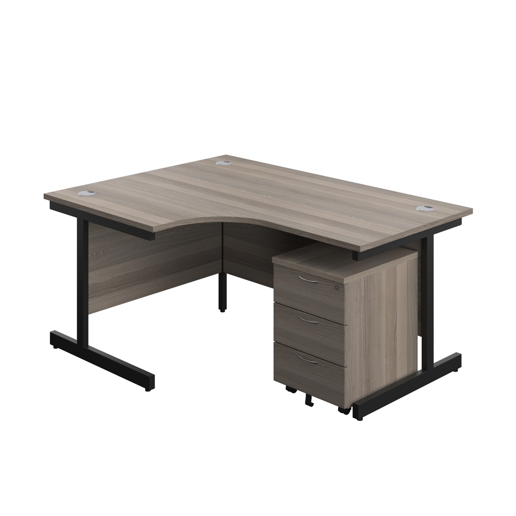 Single Upright Left Hand Radial Desk + Mobile 3 Drawer Pedestal (FSC) | 1600 X 1200 | Grey Oak/Black | 