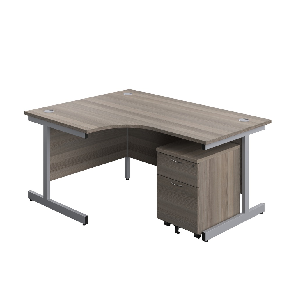 Single Upright Left Hand Radial Desk + Mobile 2 Drawer Pedestal (FSC) | 1600 X 1200 | Grey Oak/Silver | 