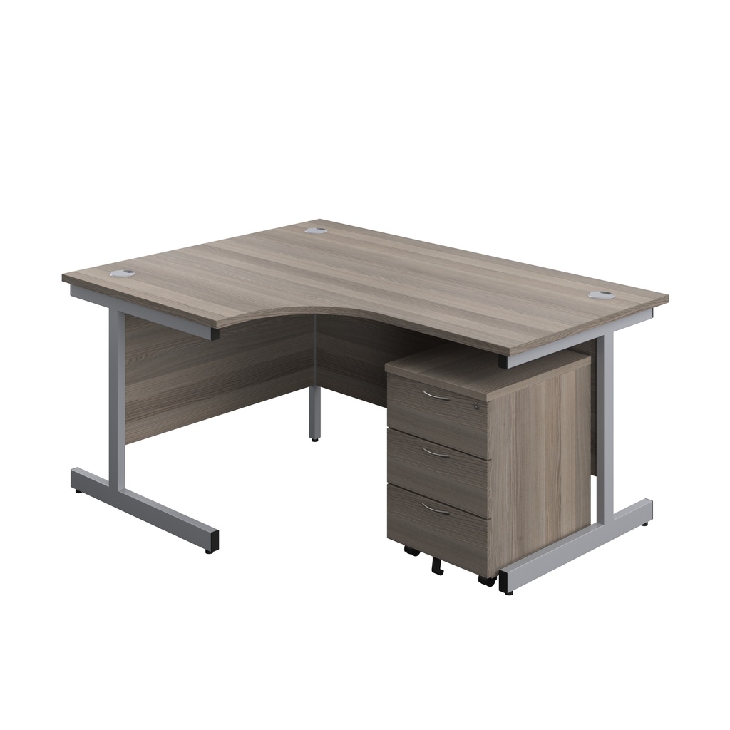 Single Upright Left Hand Radial Desk + Mobile 3 Drawer Pedestal (FSC) | 1600 X 1200 | Grey Oak/Silver | 