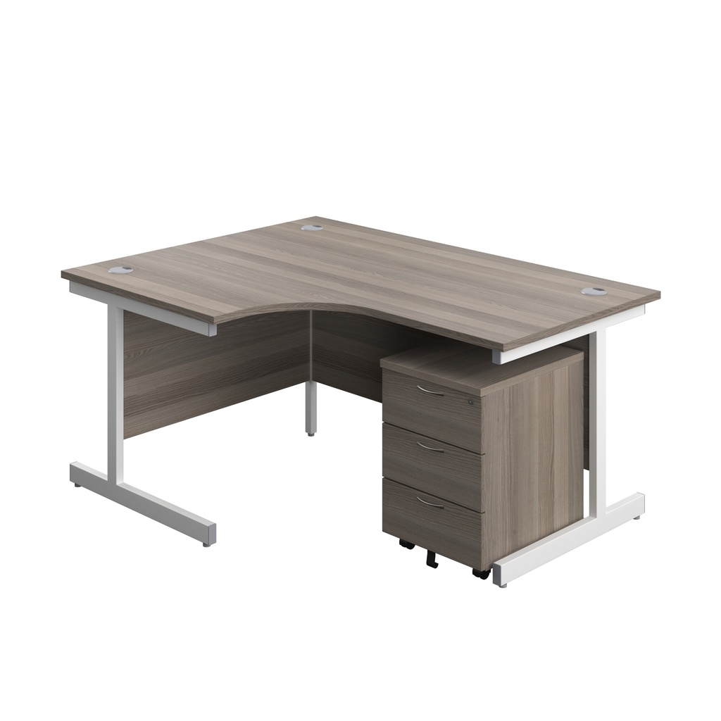 Single Upright Left Hand Radial Desk + Mobile 3 Drawer Pedestal (FSC) | 1600 X 1200 | Grey Oak/White | 
