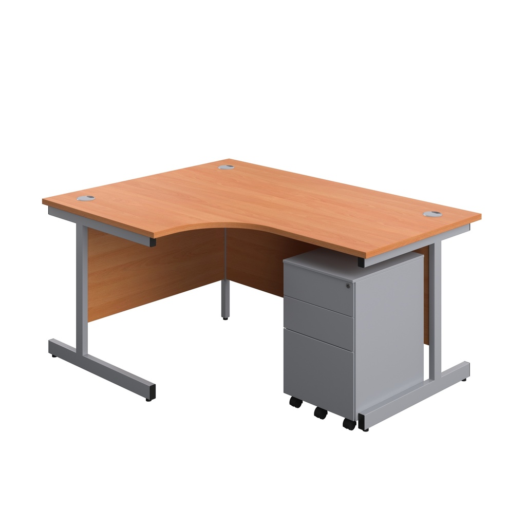 Single Upright Left Hand Radial Desk + Under Desk Steel Pedestal 3 Drawers (FSC) | 1600 X 1200 | Beech/Silver | 