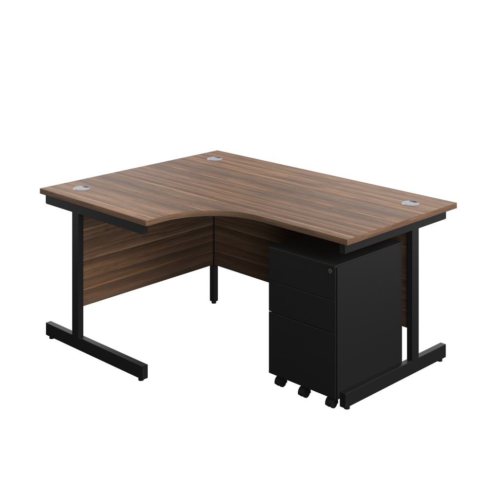 Single Upright Left Hand Radial Desk + Under Desk Steel Pedestal 3 Drawers (FSC) | 1600 X 1200 | Dark Walnut/Black | 
