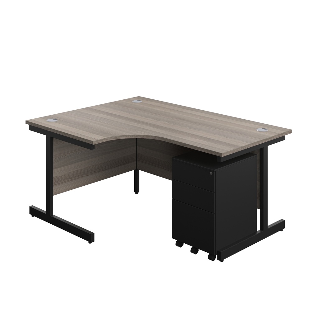 Single Upright Left Hand Radial Desk + Under Desk Steel Pedestal 3 Drawers (FSC) | 1600 X 1200 | Grey Oak/Black | 