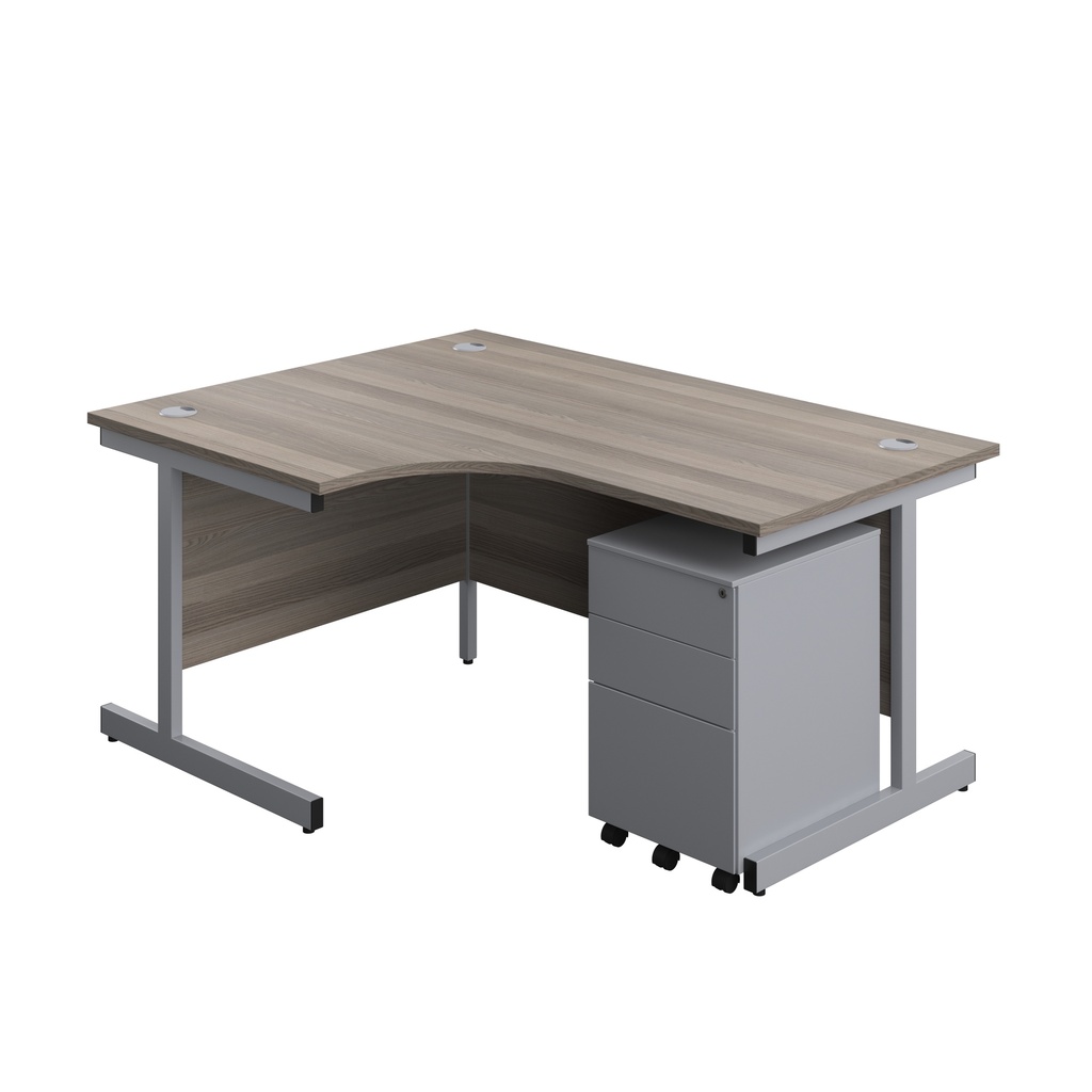 Single Upright Left Hand Radial Desk + Under Desk Steel Pedestal 3 Drawers (FSC) | 1600 X 1200 | Grey Oak/Silver | 