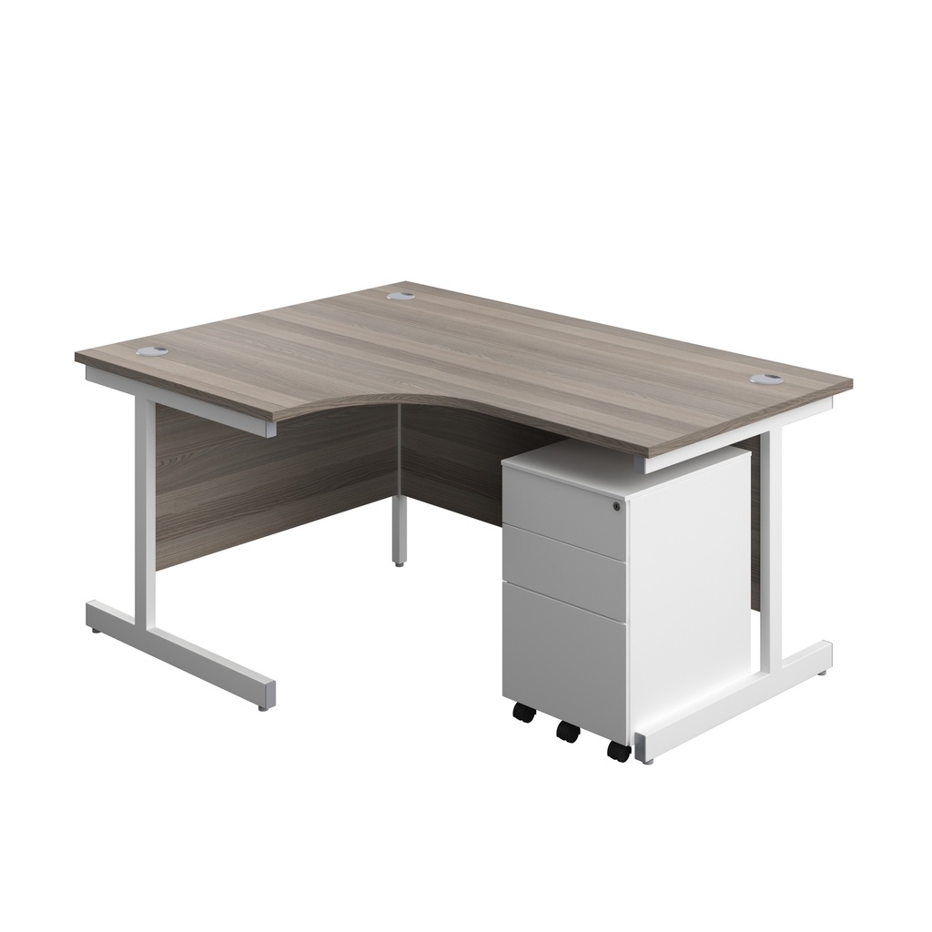 Single Upright Left Hand Radial Desk + Under Desk Steel Pedestal 3 Drawers (FSC) | 1600 X 1200 | Grey Oak/White | 