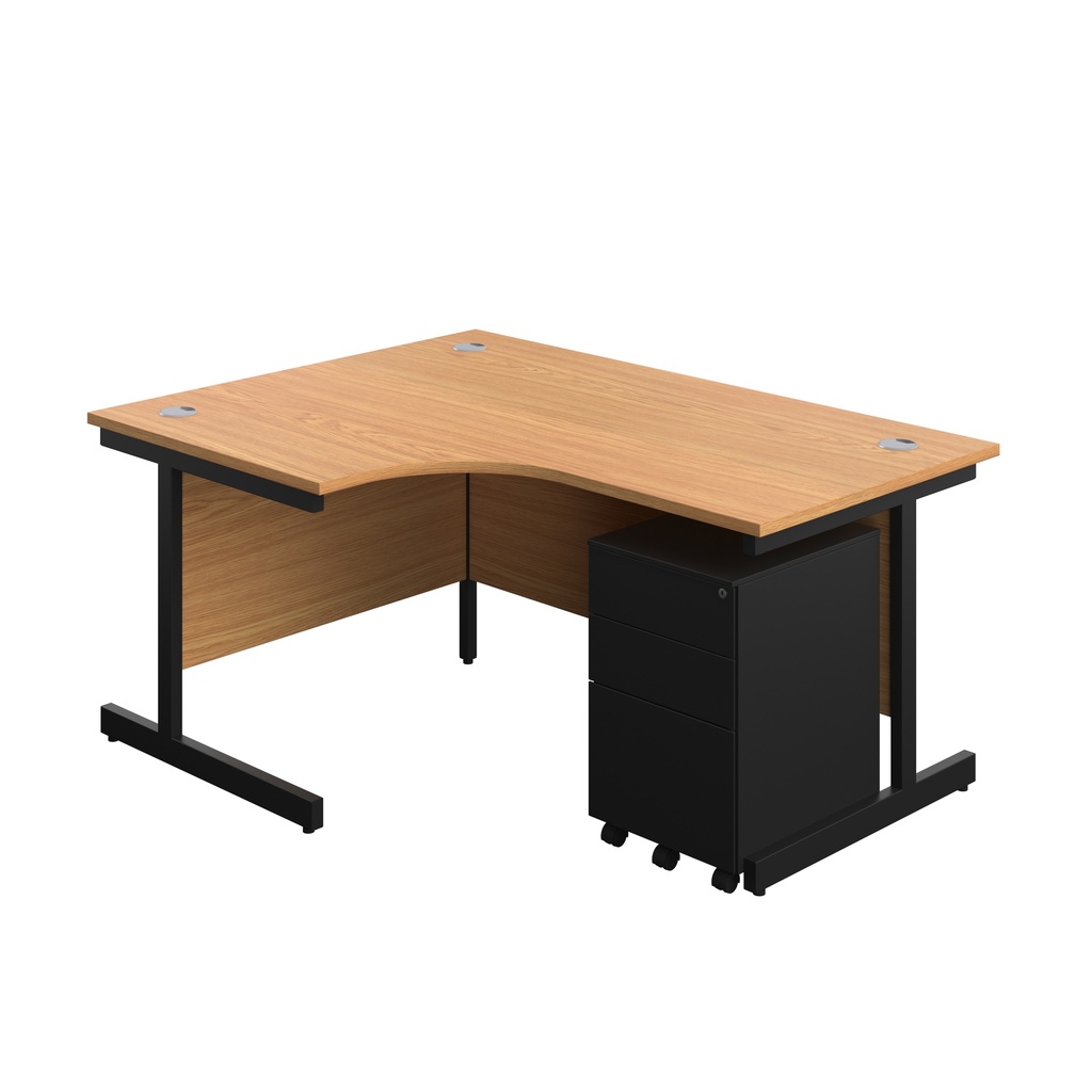 Single Upright Left Hand Radial Desk + Under Desk Steel Pedestal 3 Drawers (FSC) | 1600 X 1200 | Nova Oak/Black | 