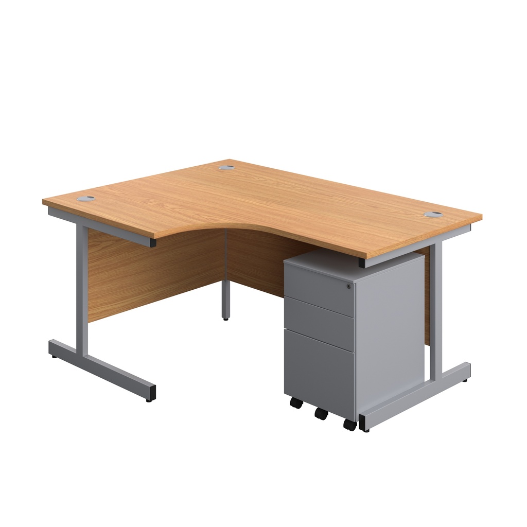 Single Upright Left Hand Radial Desk + Under Desk Steel Pedestal 3 Drawers (FSC) | 1600 X 1200 | Nova Oak/Silver | 