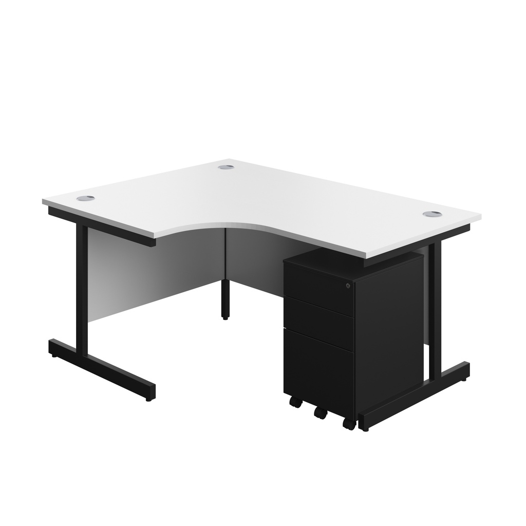 Single Upright Left Hand Radial Desk + Under Desk Steel Pedestal 3 Drawers (FSC) | 1600 X 1200 | White/Black | 