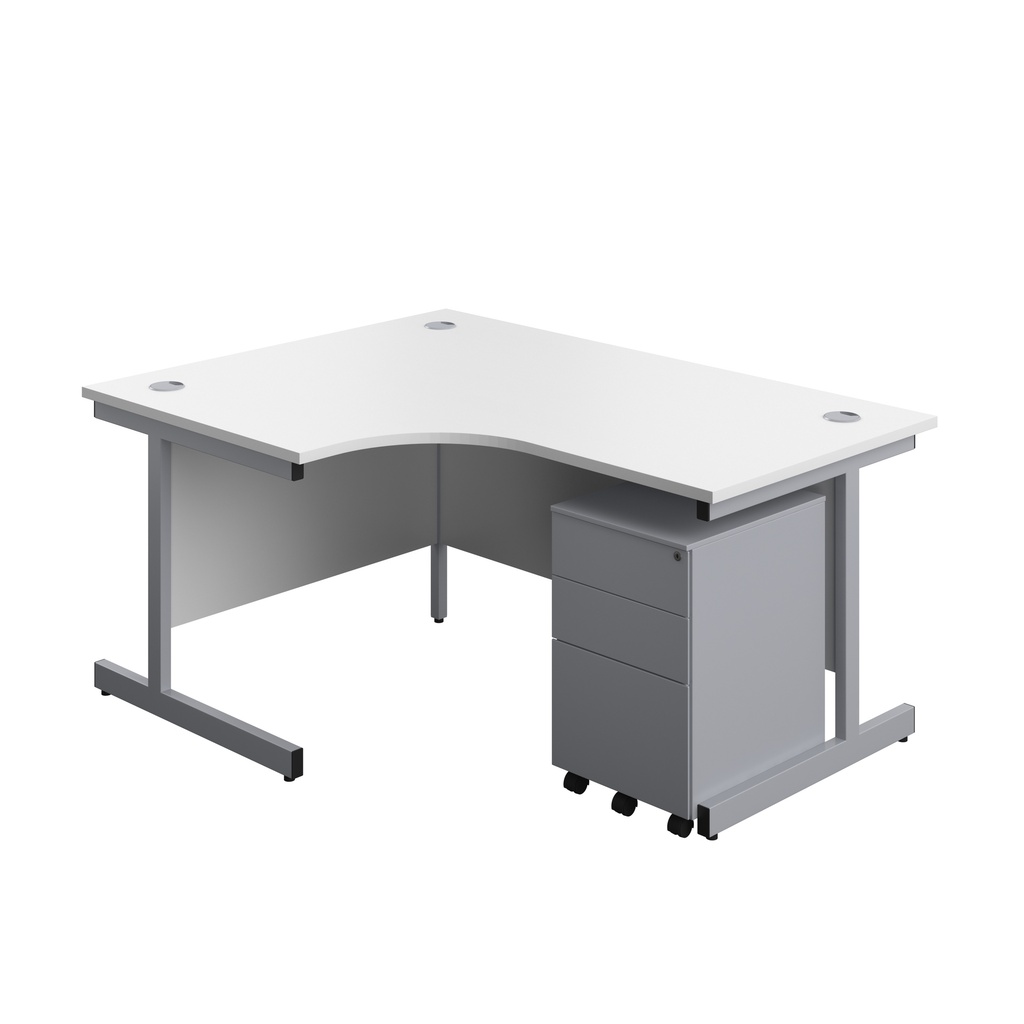 Single Upright Left Hand Radial Desk + Under Desk Steel Pedestal 3 Drawers (FSC) | 1600 X 1200 | White/Silver | 