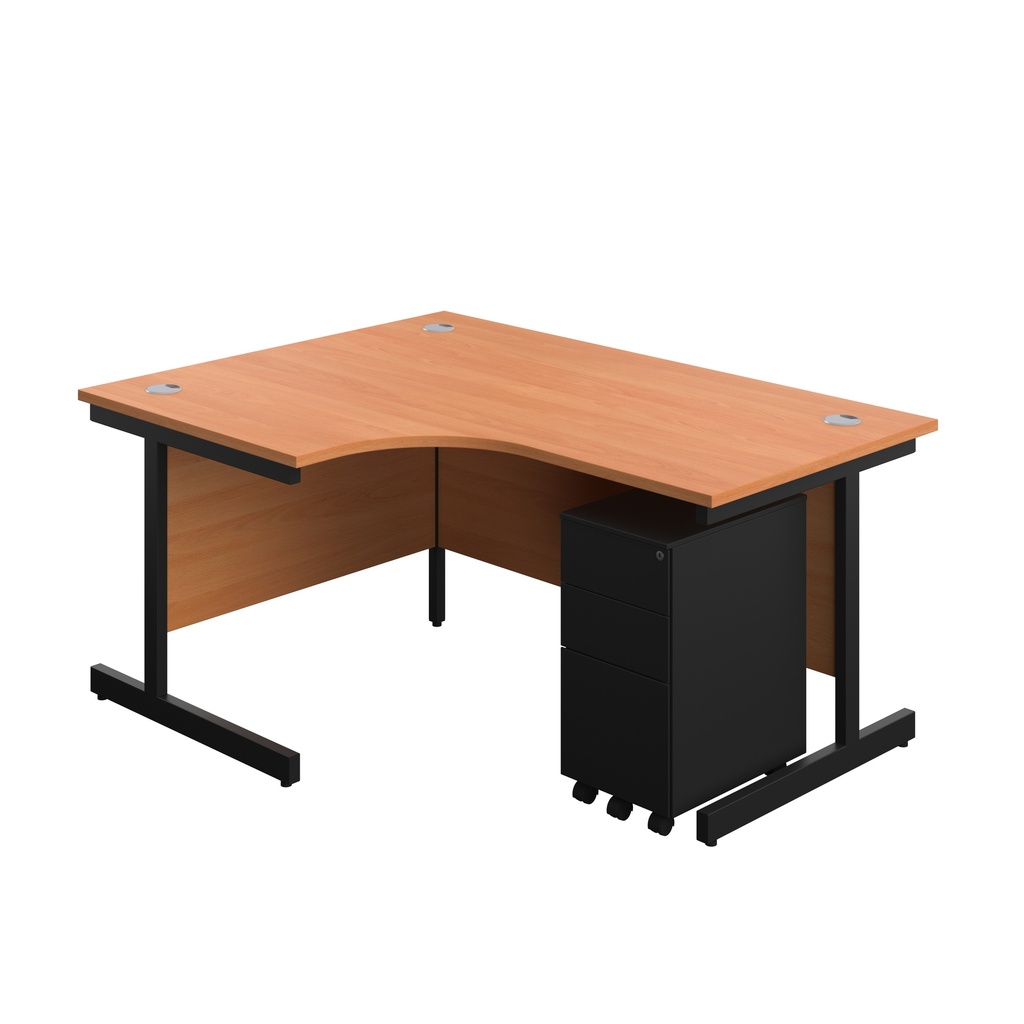 Single Upright Left Hand Radial Desk + Slimline Steel Pedestal 3 Drawers (FSC) | 1600 X 1200 | Beech/Black | 