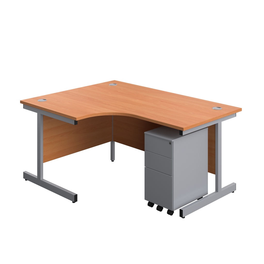 Single Upright Left Hand Radial Desk + Slimline Steel Pedestal 3 Drawers (FSC) | 1600 X 1200 | Beech/Silver | 