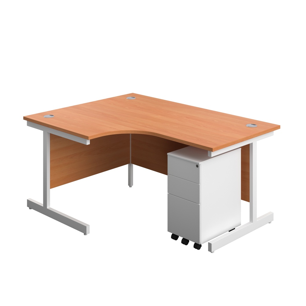 Single Upright Left Hand Radial Desk + Slimline Steel Pedestal 3 Drawers (FSC) | 1600 X 1200 | Beech/White | 