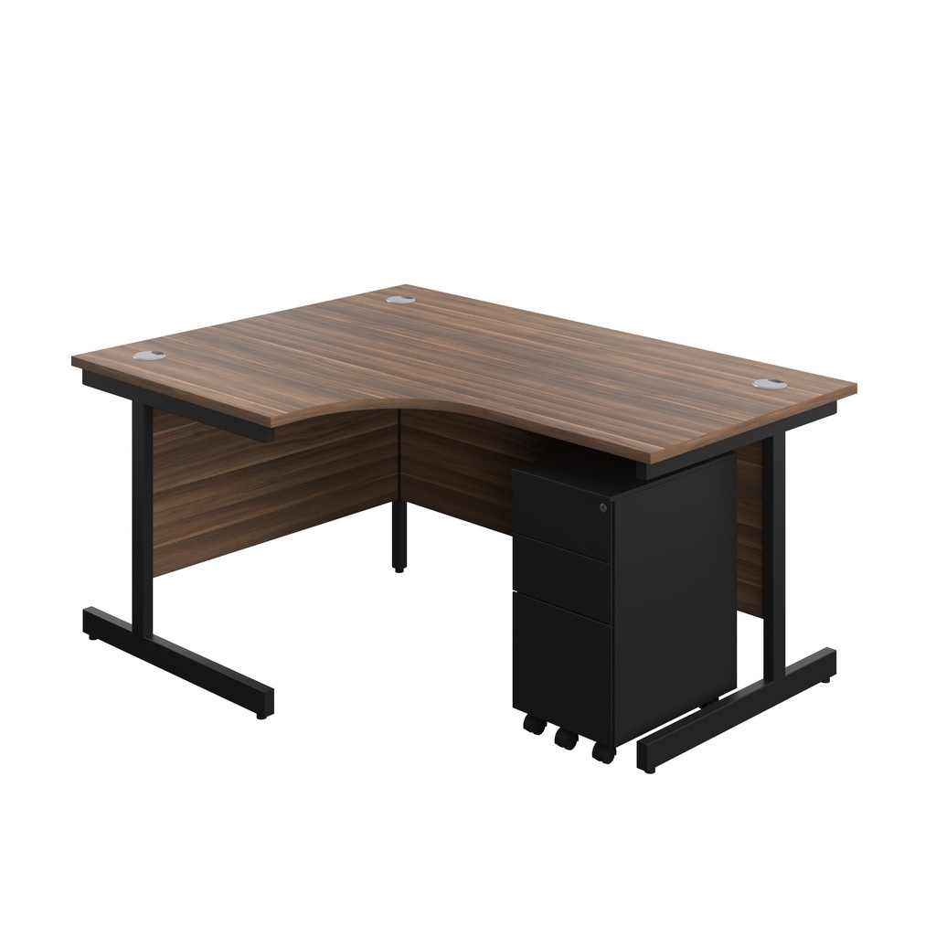 Single Upright Left Hand Radial Desk + Slimline Steel Pedestal 3 Drawers (FSC) | 1600 X 1200 | Dark Walnut/Black | 