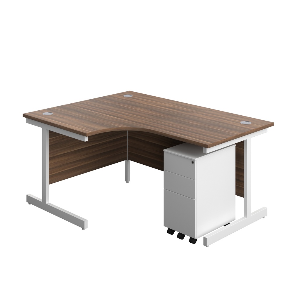 Single Upright Left Hand Radial Desk + Slimline Steel Pedestal 3 Drawers (FSC) | 1600 X 1200 | Dark Walnut/White | 