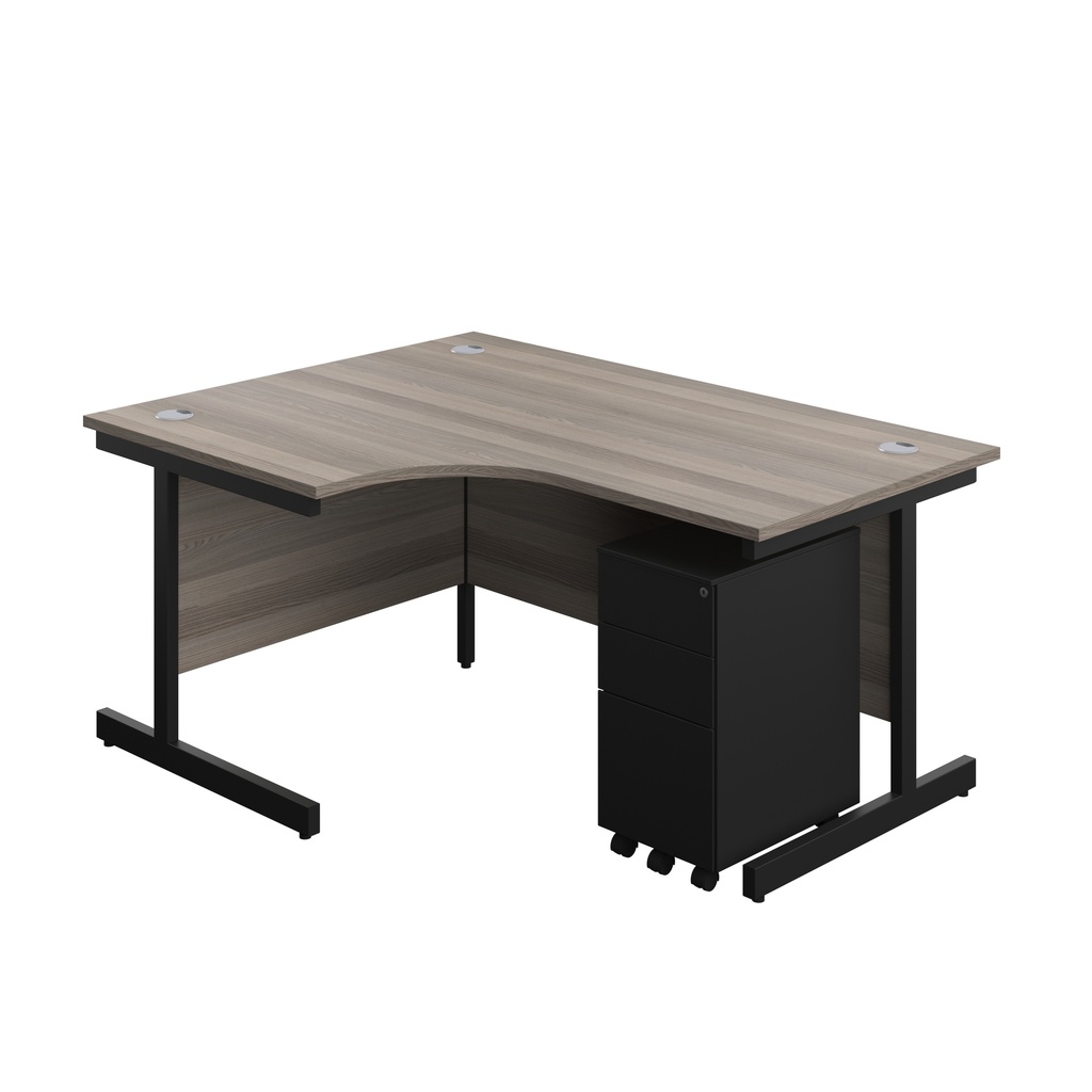 Single Upright Left Hand Radial Desk + Slimline Steel Pedestal 3 Drawers (FSC) | 1600 X 1200 | Grey Oak/Black | 