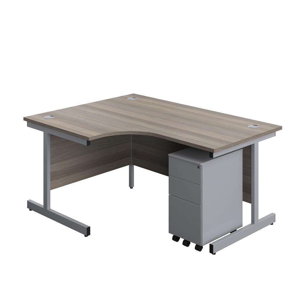 Single Upright Left Hand Radial Desk + Slimline Steel Pedestal 3 Drawers (FSC) | 1600 X 1200 | Grey Oak/Silver | 