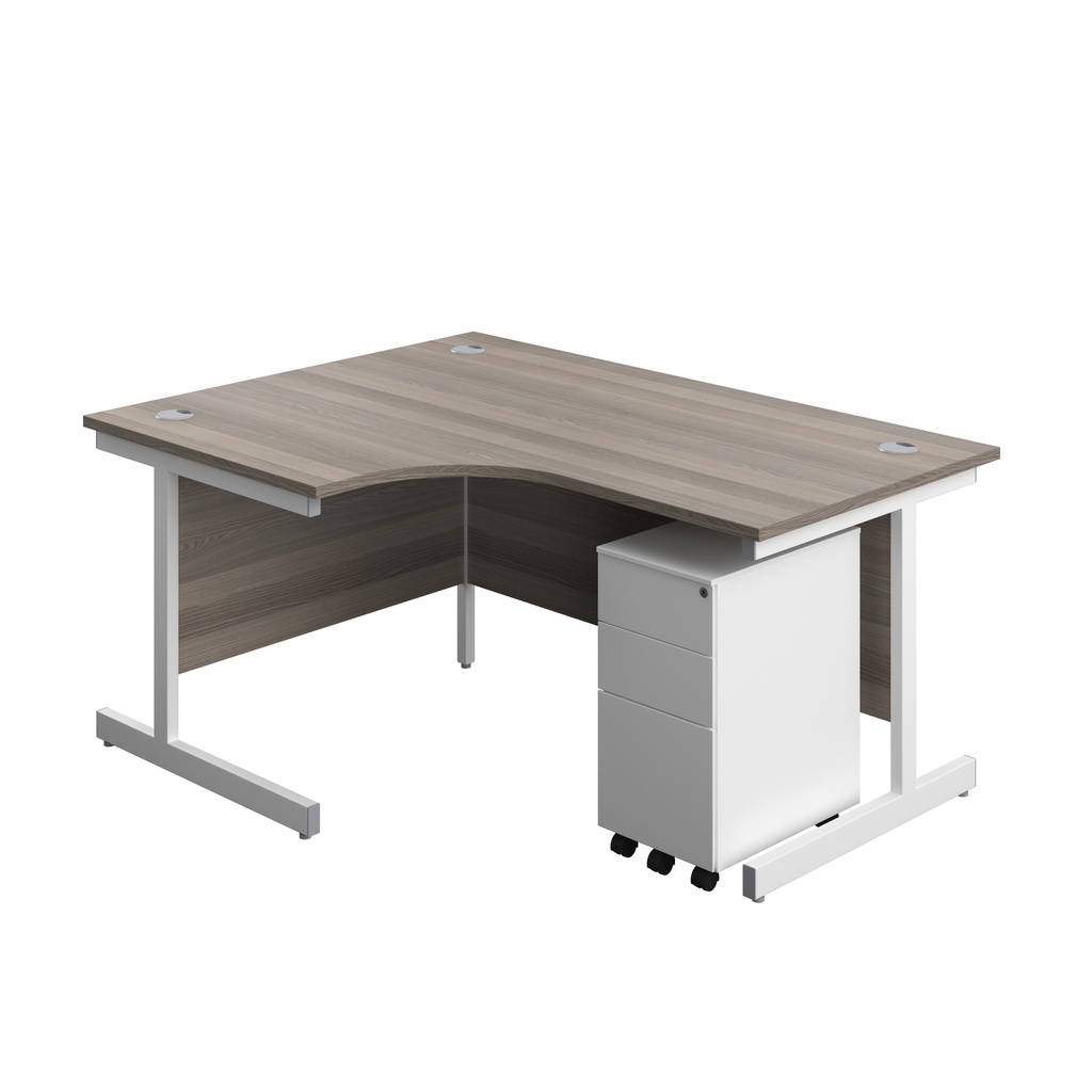 Single Upright Left Hand Radial Desk + Slimline Steel Pedestal 3 Drawers (FSC) | 1600 X 1200 | Grey Oak/White | 