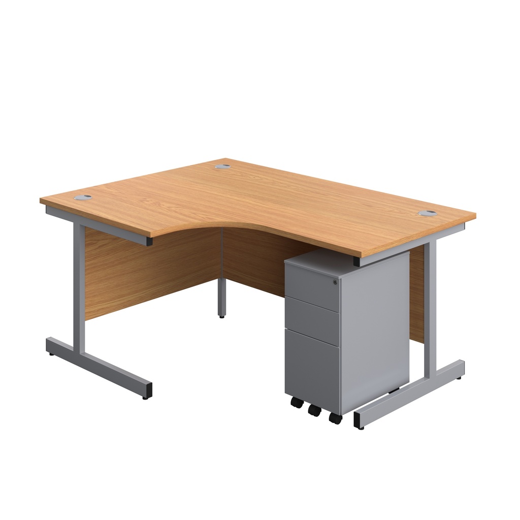 Single Upright Left Hand Radial Desk + Slimline Steel Pedestal 3 Drawers (FSC) | 1600 X 1200 | Nova Oak/Silver | 