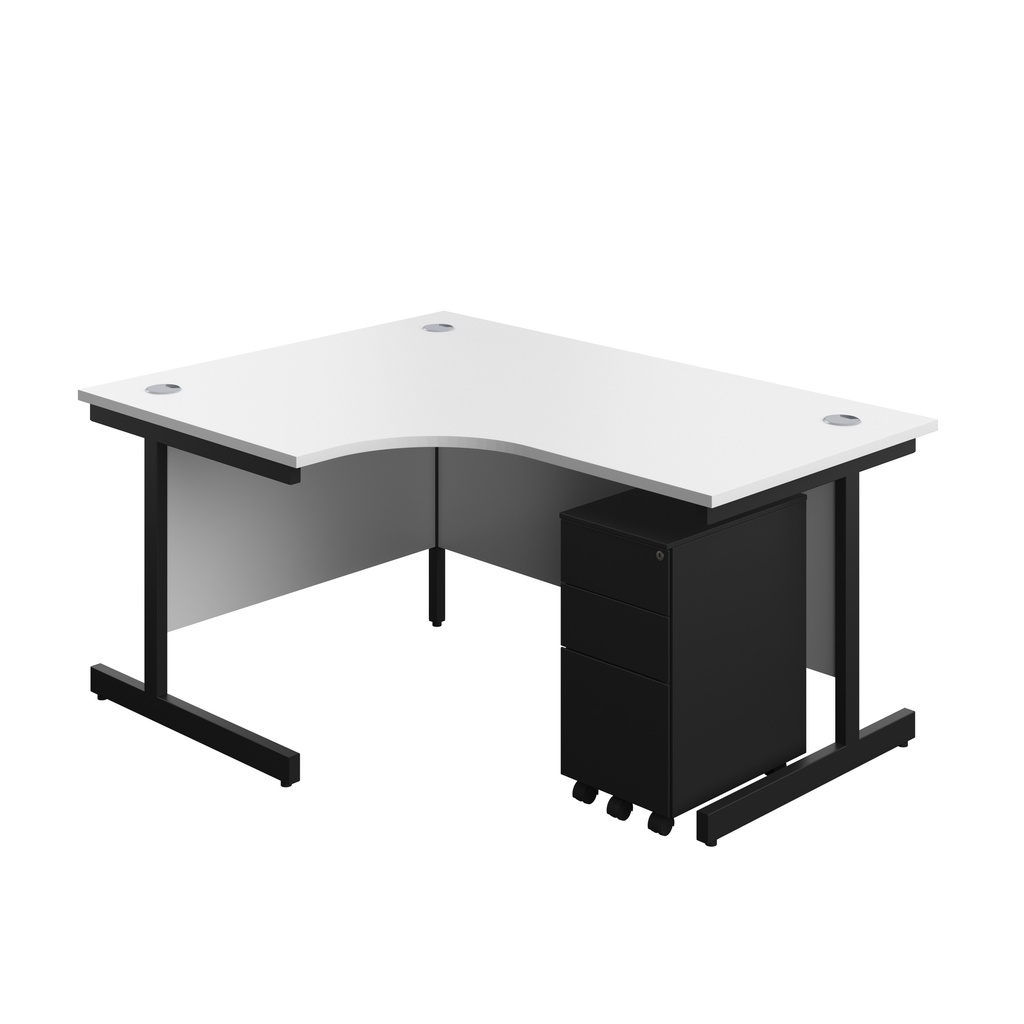 Single Upright Left Hand Radial Desk + Slimline Steel Pedestal 3 Drawers (FSC) | 1600 X 1200 | White/Black | 