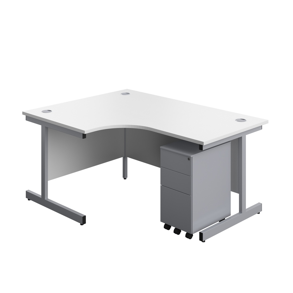 Single Upright Left Hand Radial Desk + Slimline Steel Pedestal 3 Drawers (FSC) | 1600 X 1200 | White/Silver | 