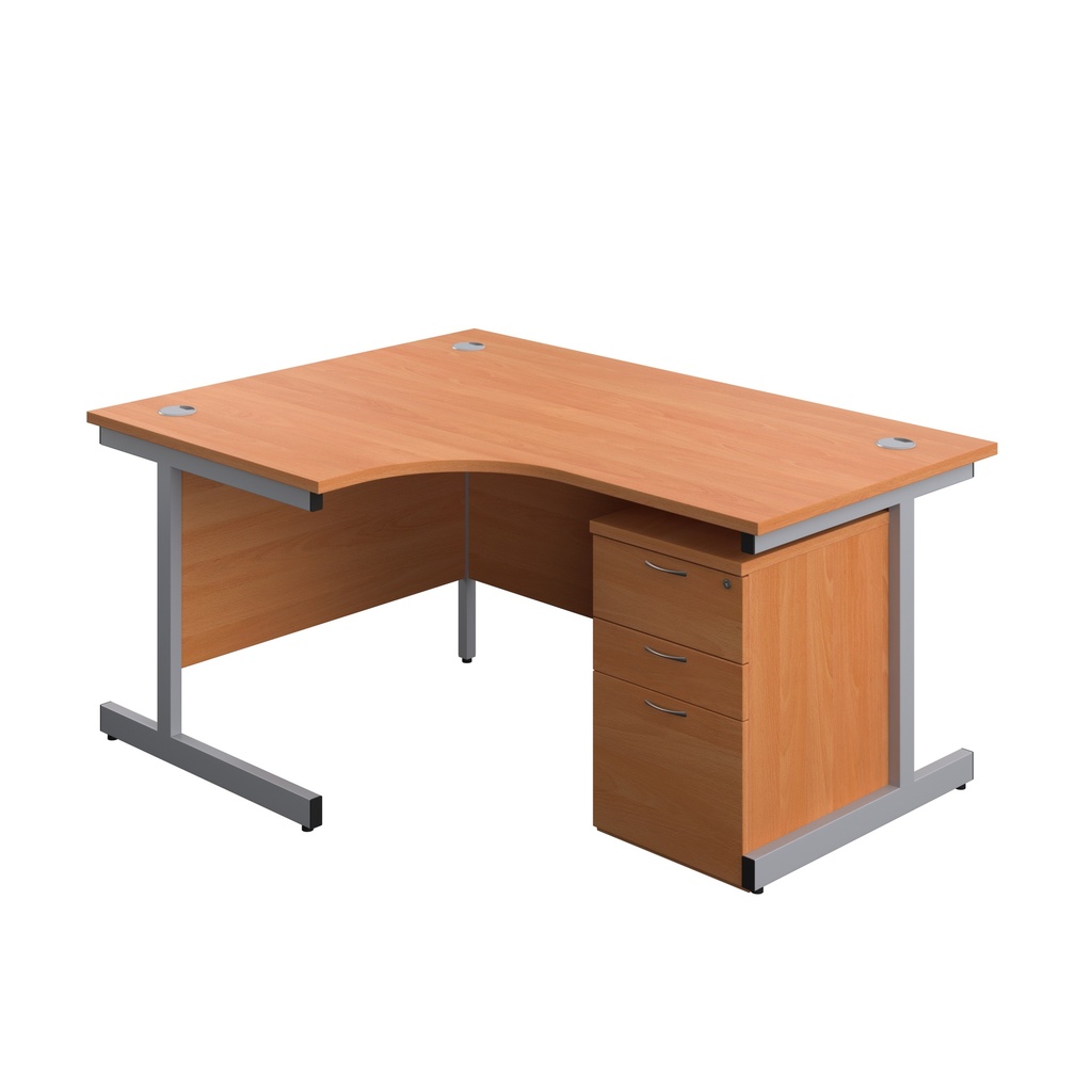 Single Upright Left Hand Radial Desk + High Mobile Pedestal 3 Drawer (FSC) | 1600 X 1200 | Beech/Silver | 