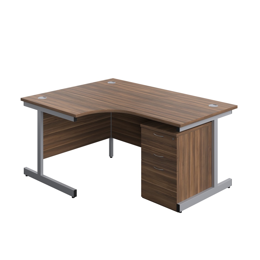 Single Upright Left Hand Radial Desk + High Mobile Pedestal 3 Drawer (FSC) | 1600 X 1200 | Dark Walnut/Silver | 