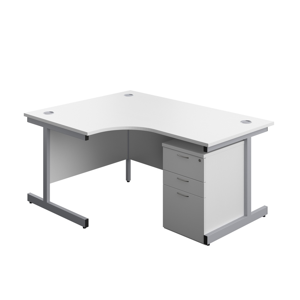 Single Upright Left Hand Radial Desk + High Mobile Pedestal 3 Drawer (FSC) | 1600 X 1200 | White/Silver | 