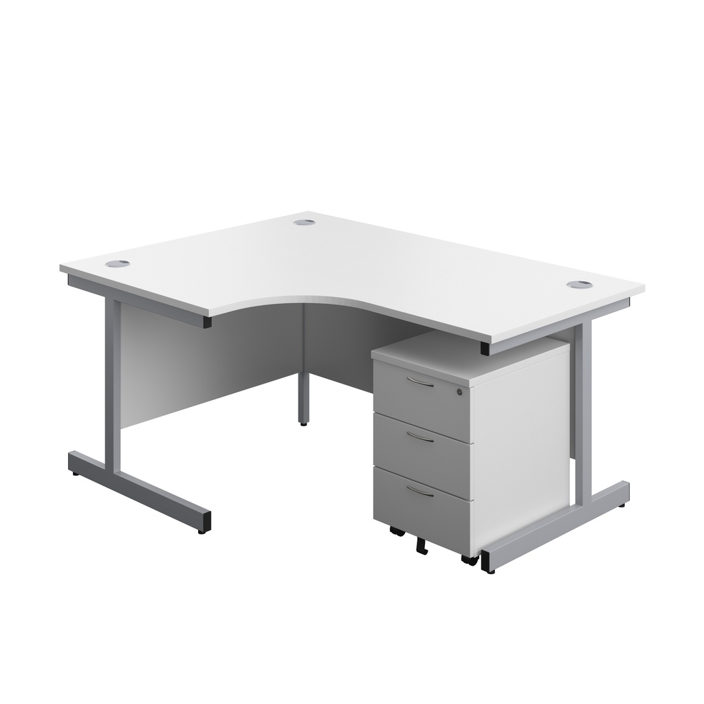 Single Upright Left Hand Radial Desk + Mobile 3 Drawer Pedestal (FSC) | 1600 X 1200 | White/Silver | 