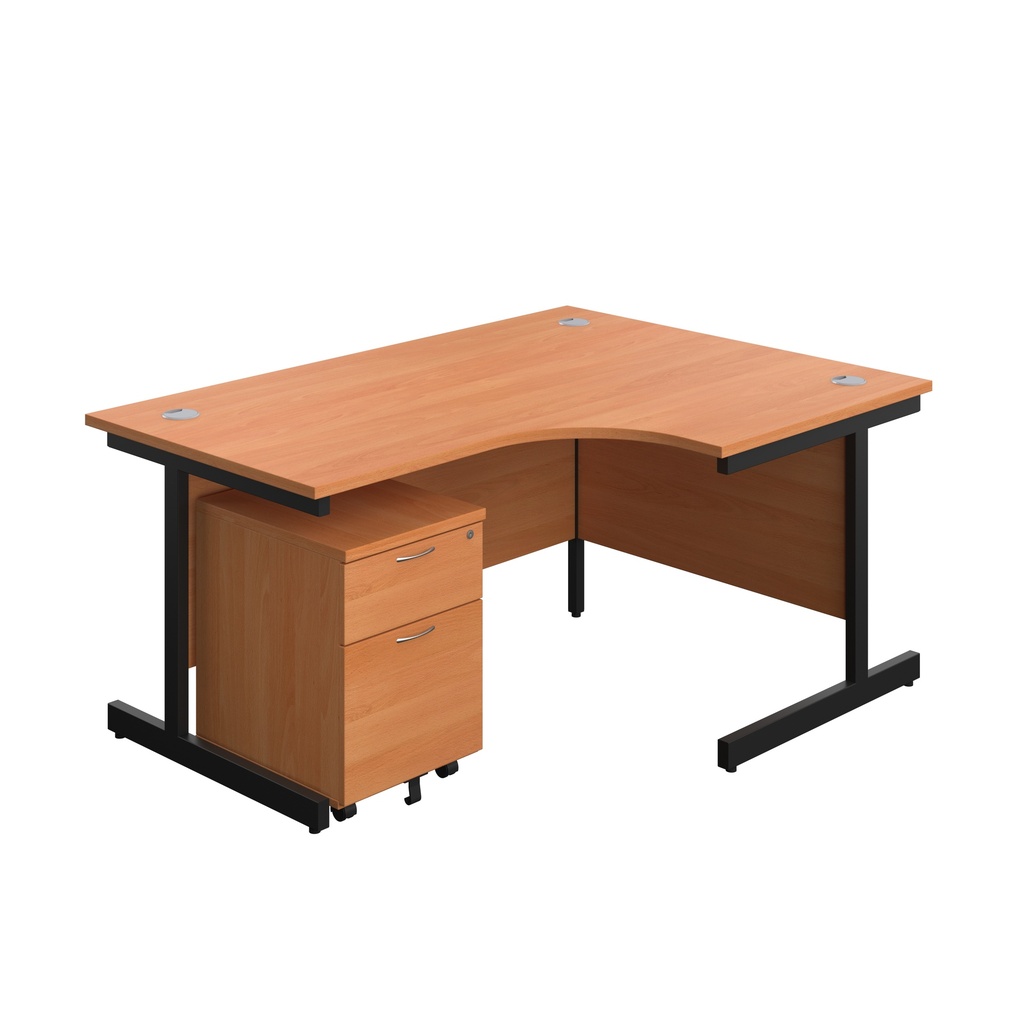 Single Upright Right Hand Radial Desk + Mobile 2 Drawer Pedestal (FSC) | 1600 X 1200 | Beech/Black | 