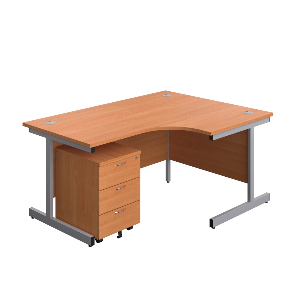 Single Upright Right Hand Radial Desk + Mobile 3 Drawer Pedestal (FSC) | 1600 X 1200 | Beech/Silver | 