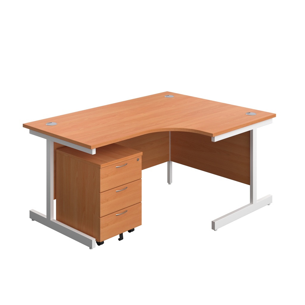 Single Upright Right Hand Radial Desk + Mobile 3 Drawer Pedestal (FSC) | 1600 X 1200 | Beech/White | 