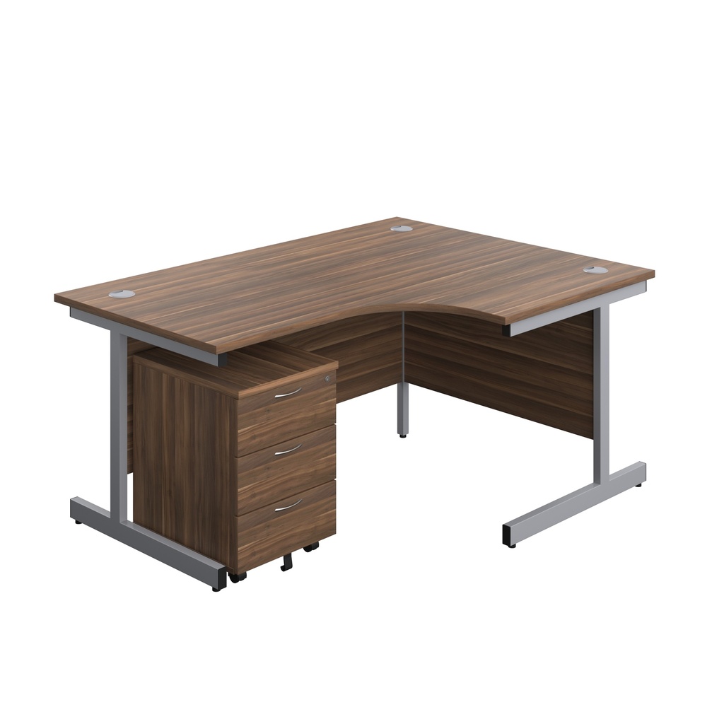 Single Upright Right Hand Radial Desk + Mobile 3 Drawer Pedestal (FSC) | 1600 X 1200 | Dark Walnut/Silver | 
