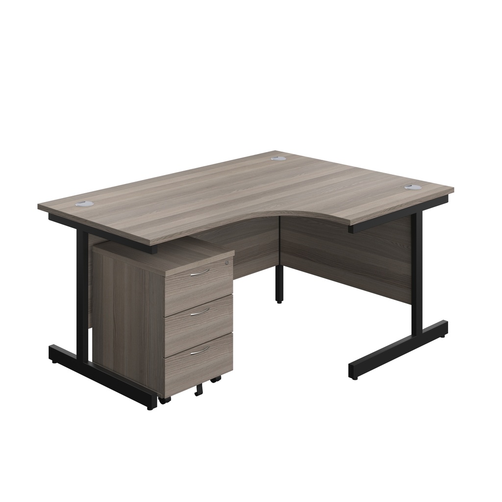 Single Upright Right Hand Radial Desk + Mobile 3 Drawer Pedestal (FSC) | 1600 X 1200 | Grey Oak/Black | 