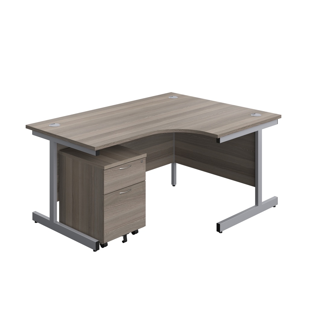 Single Upright Right Hand Radial Desk + Mobile 2 Drawer Pedestal (FSC) | 1600 X 1200 | Grey Oak/Silver | 