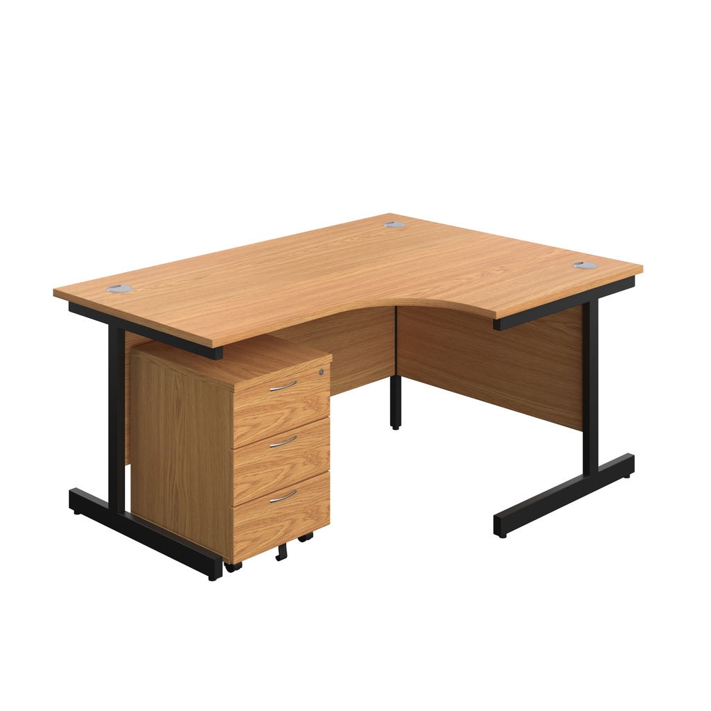 Single Upright Right Hand Radial Desk + Mobile 3 Drawer Pedestal (FSC) | 1600 X 1200 | Nova Oak/Black | 