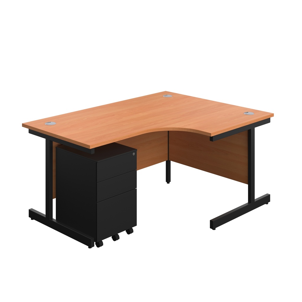 Single Upright Right Hand Radial Desk + Under Desk Steel Pedestal 3 Drawers (FSC) | 1600 X 1200 | Beech/Black | 