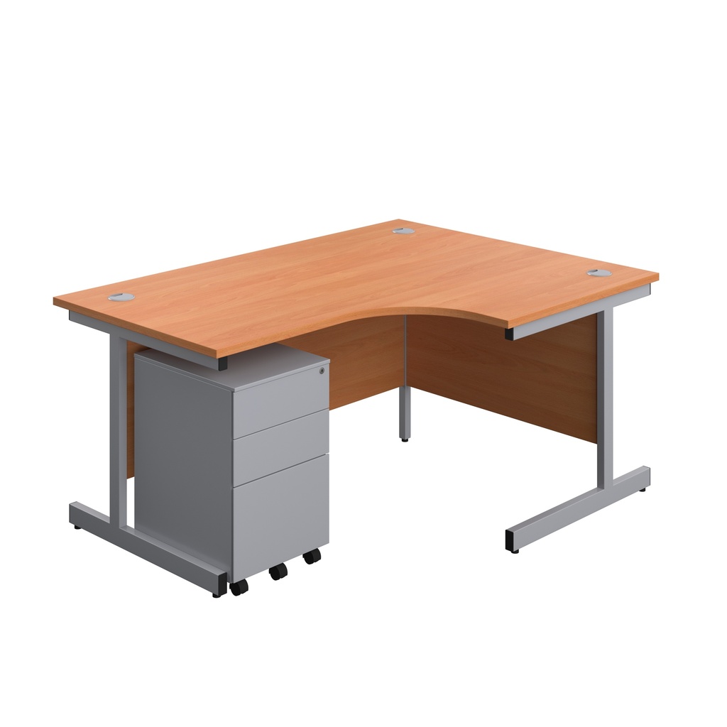 Single Upright Right Hand Radial Desk + Under Desk Steel Pedestal 3 Drawers (FSC) | 1600 X 1200 | Beech/Silver | 