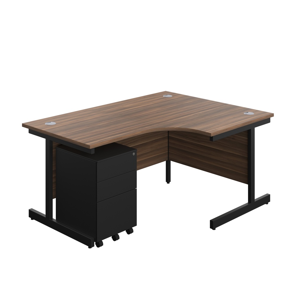 Single Upright Right Hand Radial Desk + Under Desk Steel Pedestal 3 Drawers (FSC) | 1600 X 1200 | Dark Walnut/Black | 