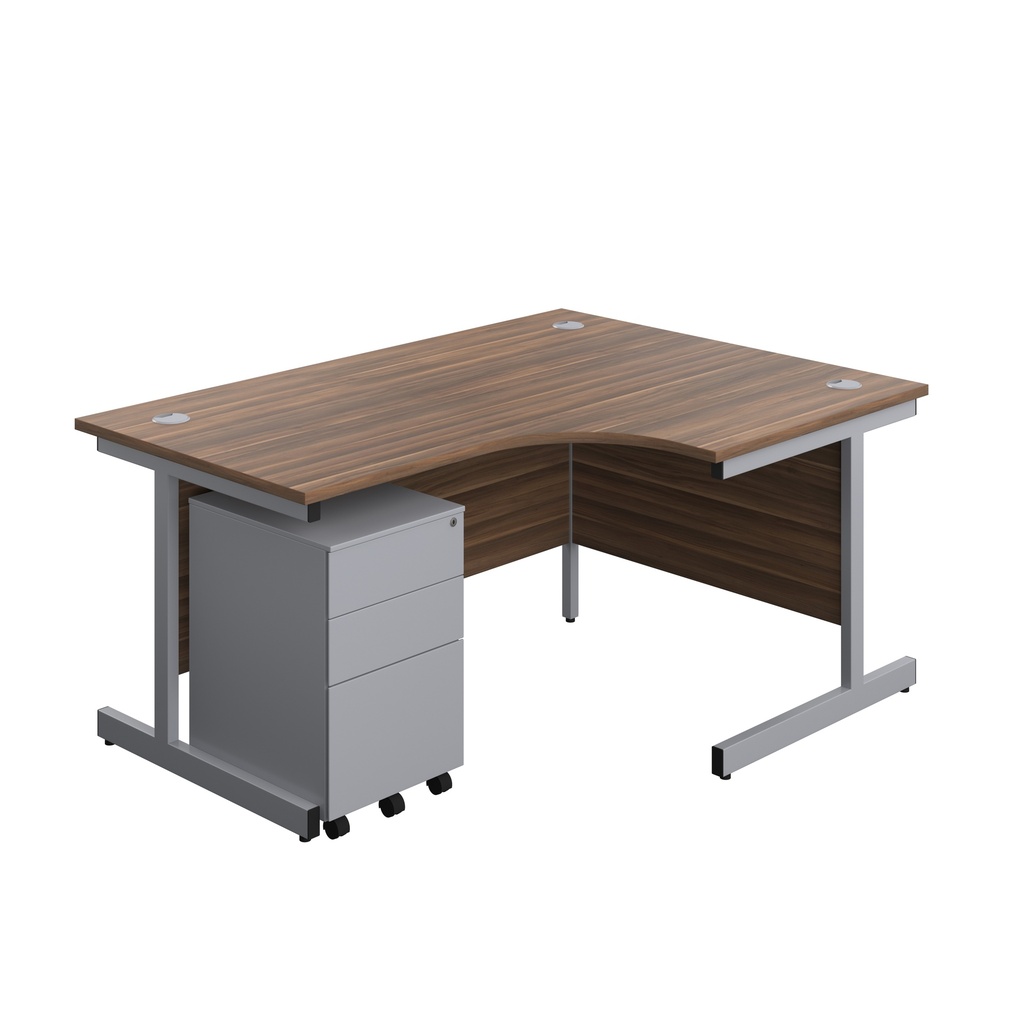 Single Upright Right Hand Radial Desk + Under Desk Steel Pedestal 3 Drawers (FSC) | 1600 X 1200 | Dark Walnut/Silver | 