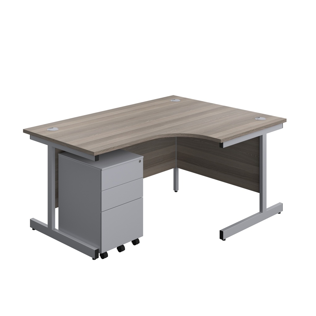 Single Upright Right Hand Radial Desk + Under Desk Steel Pedestal 3 Drawers (FSC) | 1600 X 1200 | Grey Oak/Silver | 