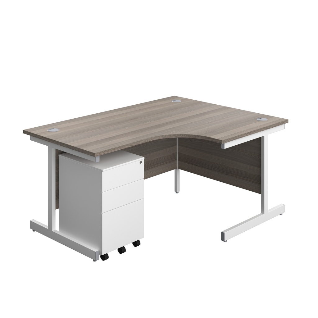 Single Upright Right Hand Radial Desk + Under Desk Steel Pedestal 3 Drawers (FSC) | 1600 X 1200 | Grey Oak/White | 