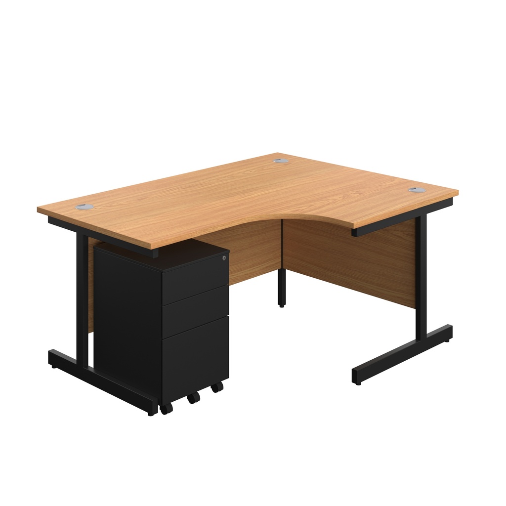 Single Upright Right Hand Radial Desk + Under Desk Steel Pedestal 3 Drawers (FSC) | 1600 X 1200 | Nova Oak/Black | 