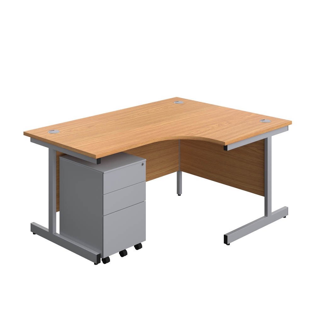 Single Upright Right Hand Radial Desk + Under Desk Steel Pedestal 3 Drawers (FSC) | 1600 X 1200 | Nova Oak/Silver | 