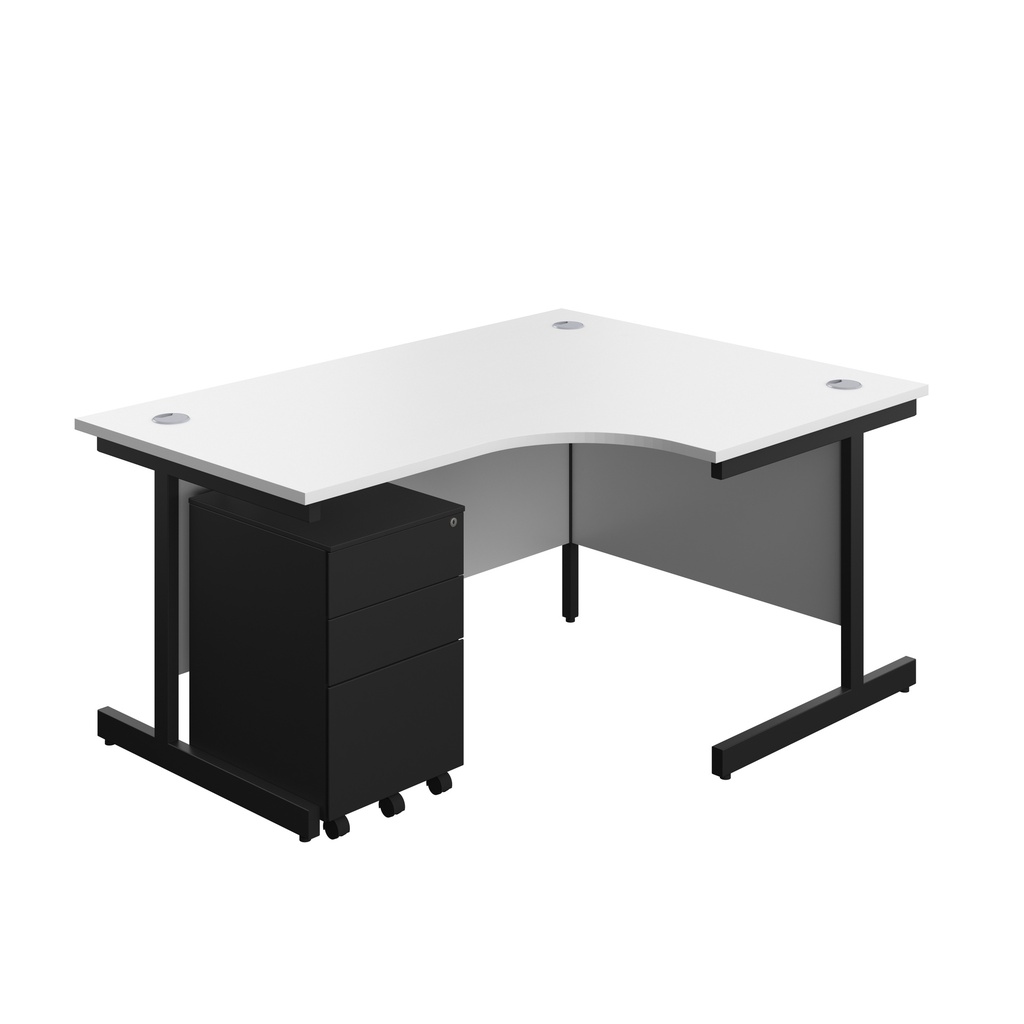 Single Upright Right Hand Radial Desk + Under Desk Steel Pedestal 3 Drawers (FSC) | 1600 X 1200 | White/Black | 