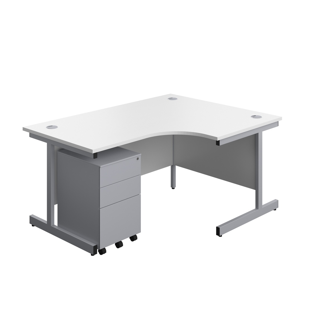 Single Upright Right Hand Radial Desk + Under Desk Steel Pedestal 3 Drawers (FSC) | 1600 X 1200 | White/Silver | 