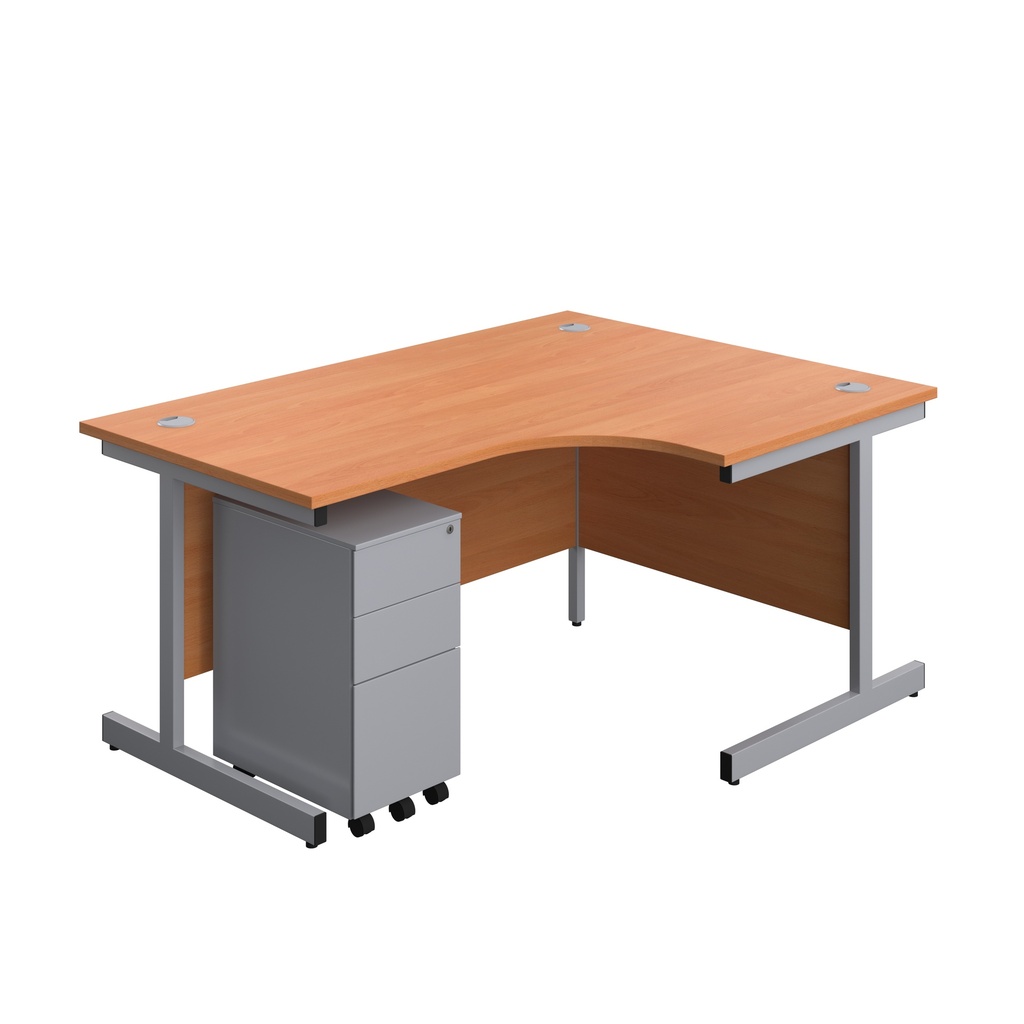 Single Upright Right Hand Radial Desk + Slimline Steel Pedestal 3 Drawers (FSC) | 1600 X 1200 | Beech/Silver | 