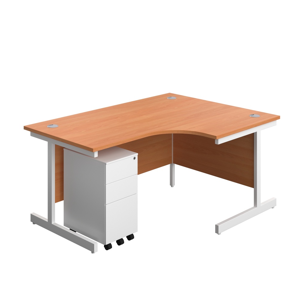 Single Upright Right Hand Radial Desk + Slimline Steel Pedestal 3 Drawers (FSC) | 1600 X 1200 | Beech/White | 