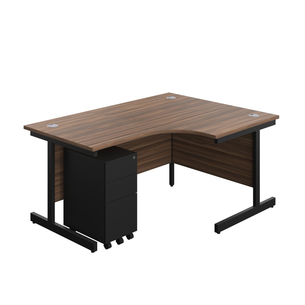 Single Upright Right Hand Radial Desk + Slimline Steel Pedestal 3 Drawers (FSC) | 1600 X 1200 | Dark Walnut/Black | 