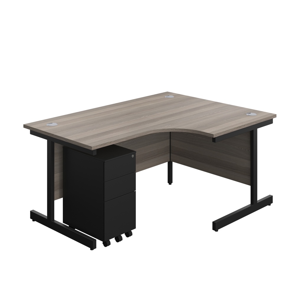 Single Upright Right Hand Radial Desk + Slimline Steel Pedestal 3 Drawers (FSC) | 1600 X 1200 | Grey Oak/Black | 