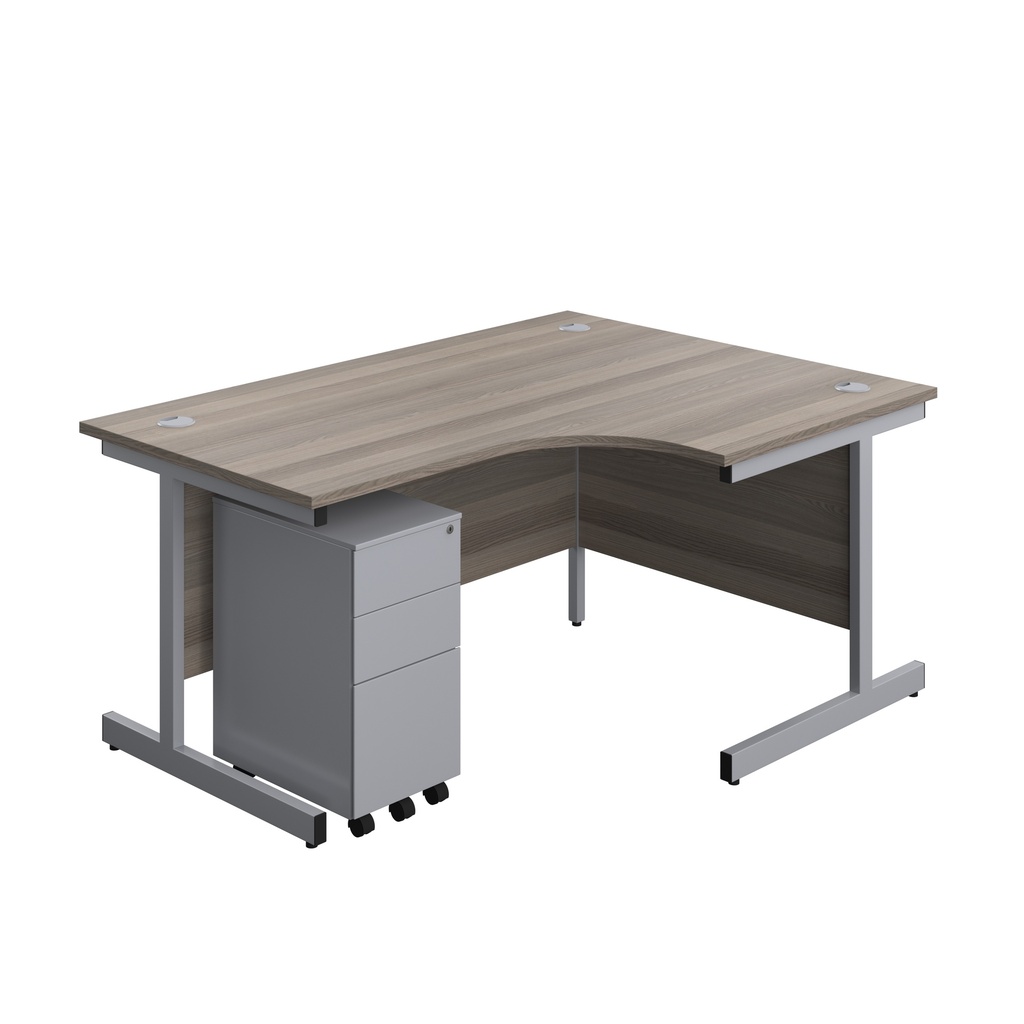 Single Upright Right Hand Radial Desk + Slimline Steel Pedestal 3 Drawers (FSC) | 1600 X 1200 | Grey Oak/Silver | 